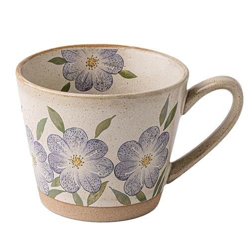 15oz Vintage Floral Ceramic Coffee Mug for Latte, Hot Tea | Hand-Painted Lead-Free Tea Cup with Comfort Handle, Microwave & Dishwasher Safe for Home Office & Gift for Women - color: Purple Floral