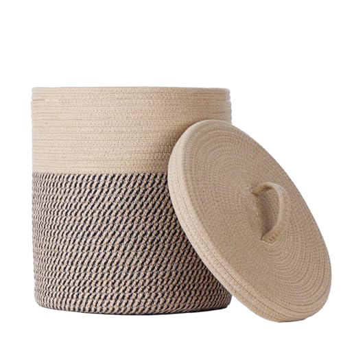 Yimi's Dream Cotton Rope Storage Basket with Lid, Brown & Black Soft Bin | Round Woven Lidded Basket for Blankets, Toys, Laundry, Nursery, Living Room, and Home Organization(11.5''D * 13.5''H) - color: 1 PACK-Brown&Black-LIDDED
