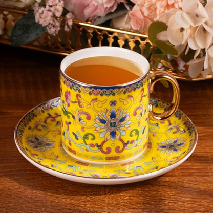 KAMMAK Tea Cup and Saucer, Ceramic Coffee Cups, 7 oz, Set of 2 | Porcelain Tea Cups with Saucers for Coffee and Cappuccino, Ideal for Breakfast, Afternoon Tea and Entertaining,639N+640N - style: 639N+640N