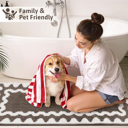 Findosom Bathroom Rugs Sets 5 Piece, Absorbent Soft Non-Slip Bath Rug Set | Washable Microfiber Shaggy Bath Mat Set with Bathroom Runner Rug, U-Shaped Toilet Rugs, Shower Rug & Toilet Lid Cover, Brown - color: Brown & White, size: 18"x26"+20"x32"+20"x48"+