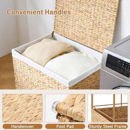 Water Hyacinth Storage Basket with Lid, 46.2 Gallon (175L) Wicker Shelf Basket with Removable Liner, Wicker Storage Basket for Blanket, for Livingroom, Bedroom, Natural - size: 27.6"L x 19.7"W x 19.7"H