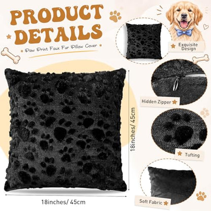 Tiamon 4 Pcs Paw Pillow Covers Paw Print Throw Pillow Covers 18 x 18 Inch Animal Pet Dog Cat Footprints Plush 3D Faux Fur Jacquard Embroidered Cushion Cases for Bed Sofa Couch Decorations - style: Black Paw