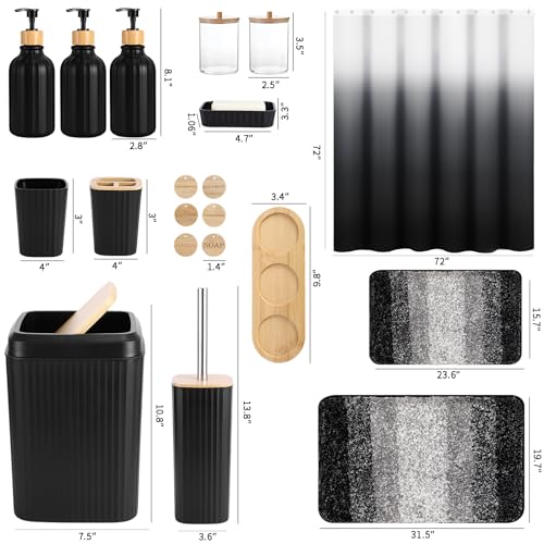 32PCS Bathroom Sets with Shower Curtain and Rugs,Bathroom Set Black Bathroom Accessories Black Shower Curtain Set with Bathroom Trash Can - size: Bath Set+Shower Curtain+Bath Rugs, style: Black