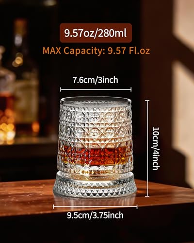 CEEFU 360° Spinning Whiskey Glasses Set with Gift Box, Set of 2 | Old Fashioned with Rotating Base - 2 Big Ice Ball Molds - Bourbon, Cocktail, Rocks, Bday Gifts Ideas for Men, Gem Pattern - size: 9.5 oz-Gemstone Pattern