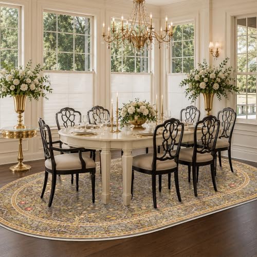 Gold Brown 8x12 Oval Dining Room Area Rug Under Table - Large Washable Oval Rug for Living Room, Bedroom, Soft Low Pile Non-Slip Stain Resistant Carpet - Vintage Floral Décor - color: Gold Brown, size: 8' x 12' (Oval)