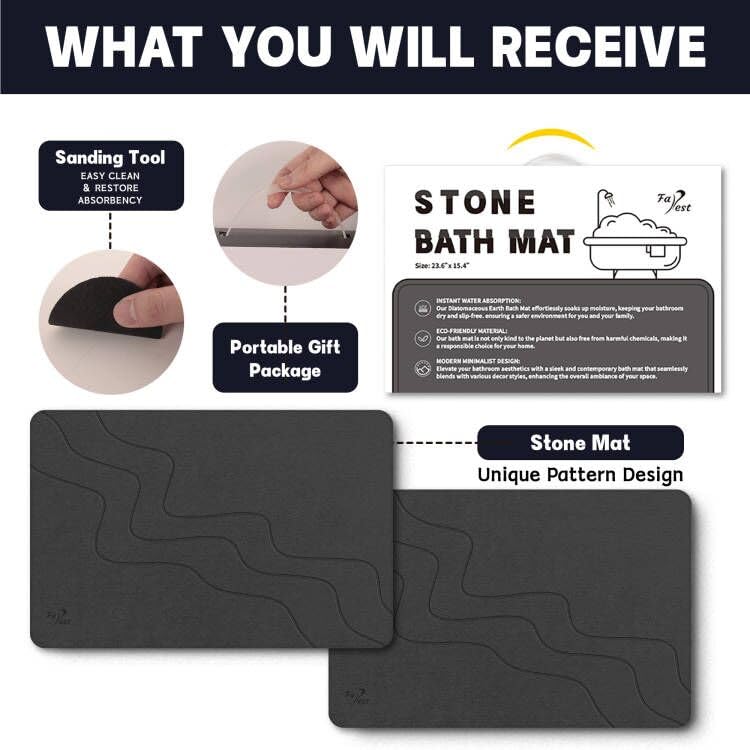 Stone Bath Mat-Diatomaceous Earth Bath Mat Fast-Drying Stone Drying Mat Super Absorbent Diatomite Mats for Bathroom, Dish Drying, Bathtub,Grey Wave,2 Pack - color: Grey Wave-24*16-2 Pack