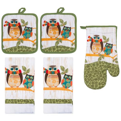 5 Piece Owls Printed Kitchen Linen Set By PREMIUS, 2 Cotton Towels, 2 Potholders, 1 Oven Mitt with Hanging Loop, 100% Cotton Material on Front & Polyester Backing, Perfect Kitchen Accessory, Gift - color: Owls
