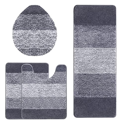 Bsmathom Bathroom Rug Set 4 Piece, Plush Microfiber Bath Mat, Dark Gray | Extra Water Absorbent, Non Slip Washable Runner Bath Rugs with Toilet Lid Cover and U-shaped Contour Toilet Mat - color: Dark Grey, size: 18"x26"+18"x48"+U20"x24"+Cover19"x21"