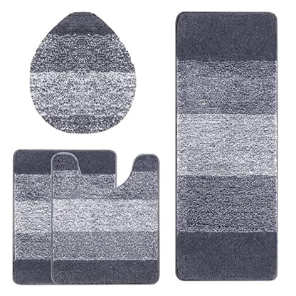 Bsmathom Bathroom Rug Set 4 Piece, Plush Microfiber Bath Mat, Dark Gray | Extra Water Absorbent, Non Slip Washable Runner Bath Rugs with Toilet Lid Cover and U-shaped Contour Toilet Mat - color: Dark Grey, size: 18"x26"+18"x48"+U20"x24"+Cover19"x21"