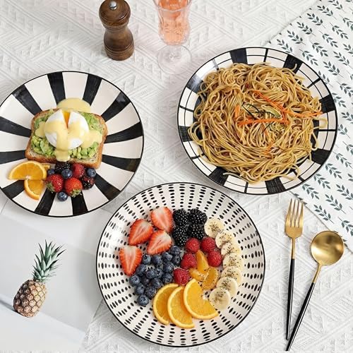 AHX Dinner Plates Ceramic Plate Set - 10 Inch Large Porcelain Round Plate Sets of 6 - Flat Modern Black Pattern Dining Plates for Kitchen | Family - Dishwasher | Microwave | Oven Safe - size: 10 inch