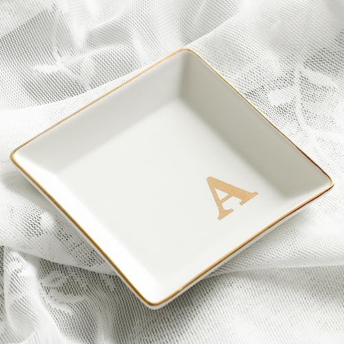 COLLECTIVE HOME - Ceramic Jewelry Tray, Monogram Decorative Trinket Dish for Rings Earrings Necklaces Bracelet Watch Keys, Birthday Mother's Day Christmas Gift for Women, 4" x 4" (A) - color: A