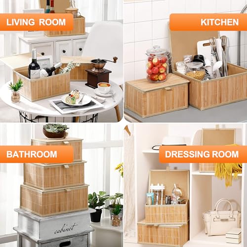 3 Pack Bamboo Decorative Shelf Basket,Woven Storage Boxes with Lined，Nesting Lidded Box with Lids for Toys,Cosmetics,Office,sundries,Closet,natural & eco-friendly bamboo storage organizers