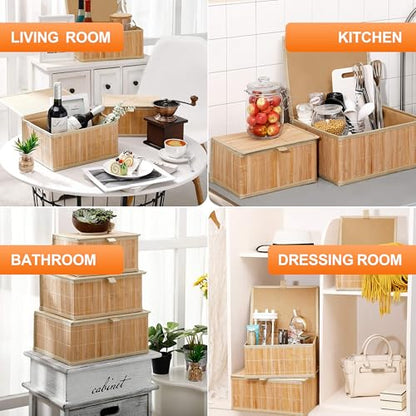 3 Pack Bamboo Decorative Shelf Basket,Woven Storage Boxes with Lined，Nesting Lidded Box with Lids for Toys,Cosmetics,Office,sundries,Closet,natural & eco-friendly bamboo storage organizers