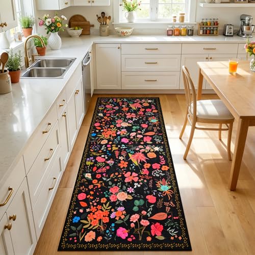 ISEAU Runner Rugs for Kitchen,2x6 Area Rug for Entryway Dorm Rug,Black | Washable Flower Area Rug with Non-Slip Botton for Bedside, Runner for Hallway Nursery Entryway Dining Room Dorm Decor - color: Black, size: 2ftx6ft