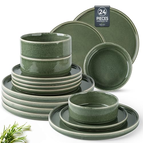 AmorArc Ceramic Dinnerware Sets for 8,24 Piece Plates and Bowls Sets Dishes | Stoneware Handmade Reactive Glaze Dishes Set | Highly Chip and Crack Resistant | Dishwasher & Microwave Safe - color: Jade Green, size: Service for 8