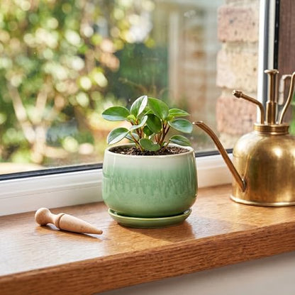 Ceramic Plant Pots - 4 Inch Pots for Plants with Drainage Hole and Saucer, Small Succulent Pot for Indoor Plants, Round Ceramic Planter, Home Office Decor, House Warming Gifts, Green - size: 4 Inch, style: Green