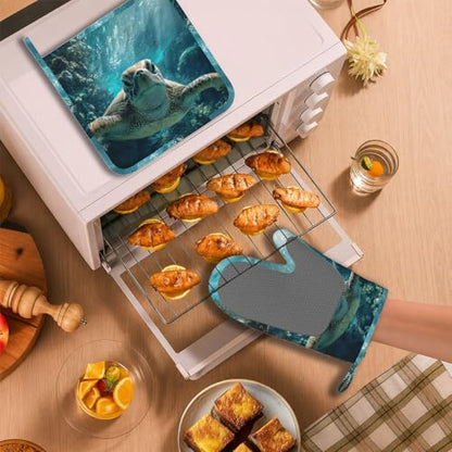 Sea Turtles Oven Mitt and Pot Holder with Silicone Heat Resistant Kitchen for Cooking BBQ Baking Grilling Cooking Protection - color: Sea Turtles