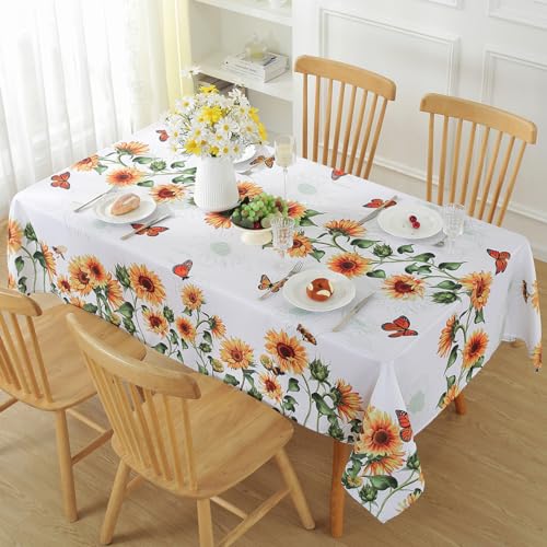 SASTYBALE Sunflower Tablecloth, White, 60x120 Inch Rectangle | Polyester, Spill-Proof, Dust-Proof, Wrinkle-Free, Spring Summer Garden Parties - color: Sunflowers, size: 120" x 60" (Rectangular)