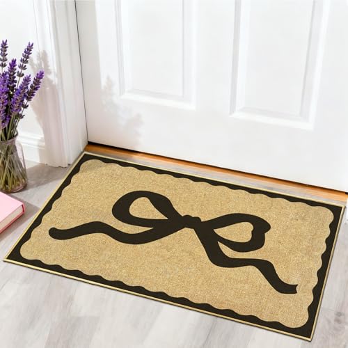 Welcome Mat Outdoor Black Bow Rug for Inside Outside Entrance Patio 17"x30" | non-slip backing, durable, low profile, coquette rugs, housewarming gift, for living room bedroom hallway patio, floor decor - color: Black Bow
