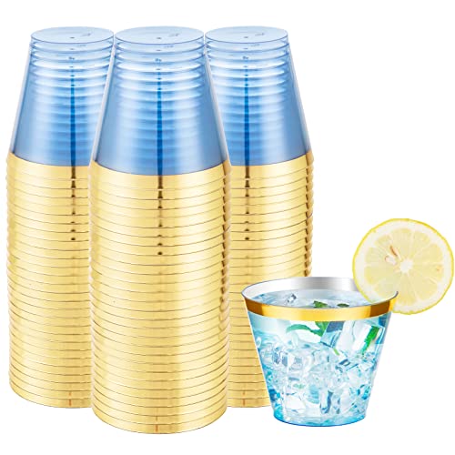 MirthMood 150PCS Blue Plastic Cups,9oz Clear Disposable Cups with Gold Rim | Old Fashioned Tumblers Gold Rimmed Plastic Cups for Any occasion: Weddings, Parties, Business Events - color: Blue