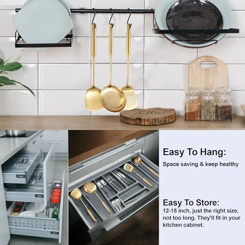 Gold Kitchen Cooking Utensils Set 13 PCS Stainless Steel 12-13.7" | Food-grade 304, Dishwasher Safe,Rust-proof, Made To Last,Easy To Store,Good Choice for Presents - color: Gold-13