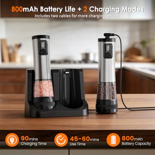Rechargeable Electric Salt and Pepper Grinder Set with LED Light, 5-Level Adjustable Coarseness, 2-Speed Automatic Mills, 2 x 100ml Large Capacity, Black | Automatic Electric Salt and Pepper Shakers with Large Capacity, 2-Speed Setting, 5-Level Adjustable