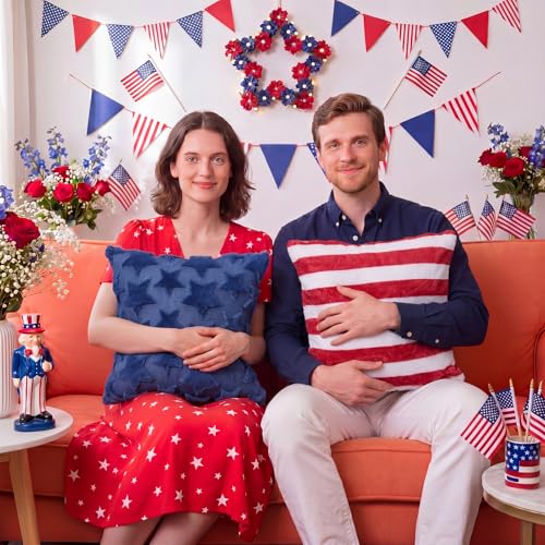 Tiamon 4 Pcs Patriotic 4th of July Throw Pillow Covers 18 x 18 Inch USA Flag American Plush 3D Embroidered Pillow Cases Red White Blue Stripe Star Cushion Covers for Independence Day Decor Sofa Bed - style: Stripe and Star