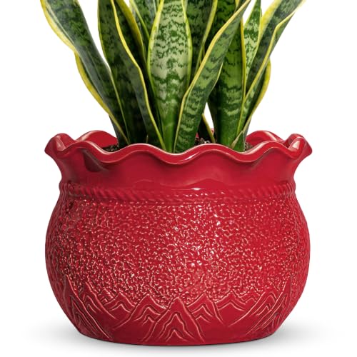 10 Inch Flower Pots, Ceramic Pots for Indoor Plants, Red | Round Decorative Planter with Drainage Hole, Unique Large Indoor Planter, Home Bookshelf Decor, Garden Gifts Women - color: Red, size: 10 Inch