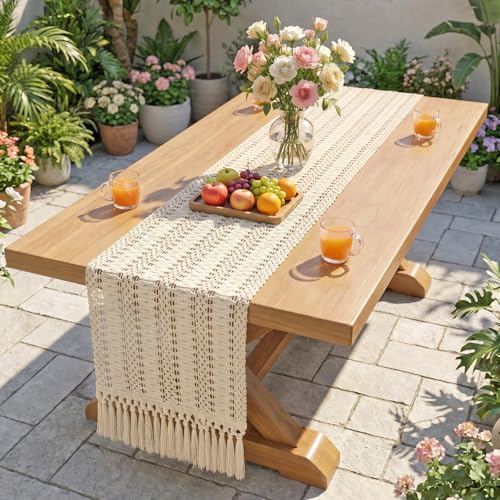 Betylifoy Boho Macrame Table Runner 94Inches Farmhouse Woven Tassels Runner | Cream Beige Rustic Burlap Table Runners Cotton Linen Coffee Table Runner for Bohemian Dining Kitchen Dresser Table Decor - size: 12x94in