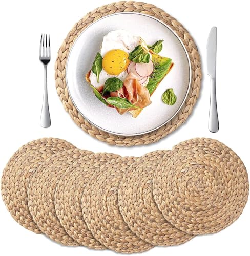 YANGQIHOME 6 Pack, Round Woven Placemats, Natural Water Hyacinth Wicker Place mats, Braided Straw Table Mats, Charger Plates for Dining Table, Fall, Thanksgiving, Christmas (11.8 inch) - size: 11.8 inch (Set of 6)