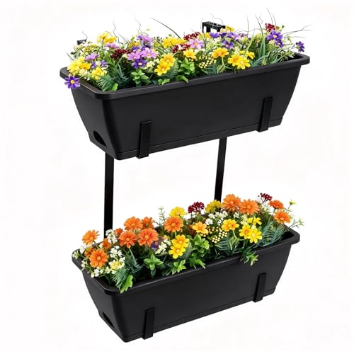 16.9 Inches Deck Railings Planter Box, 2Pcs Hanging Flower Pots, Black | Balcony Planter Boxes with Detachable Hooks & Trays, Drainage Holes, Fits Window Yard Garden Decor for Plant, Countryside - color: Black