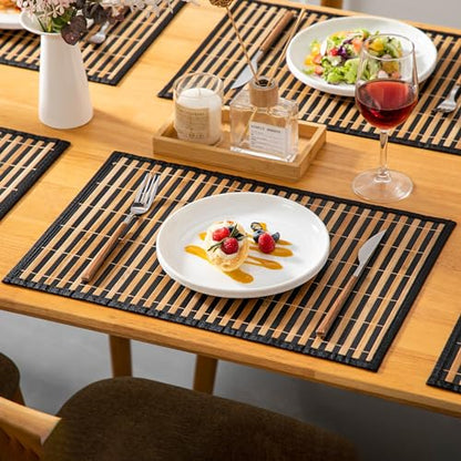 LOVECASA Placemats Set of 6, Bamboo Table Mats Set with Leaf Pattern, 18'' × 12'' Woven Placemat, Washable Heat-Resistant Place Mats for Kitchen, Black Leaf - color: Black