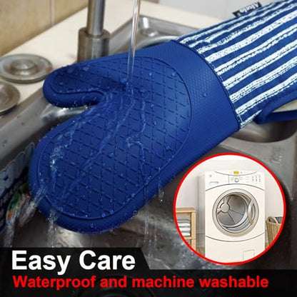 Alselo Silicone Oven Mitts Heat Resistant 932℉ with Waterproof & Non-Slip | Kitchen Mittens Set of 2,Extra Long 7.5"x15" Oven Gloves with Soft Cotton Terry Lining for Baking Cooking BBQ(Cobait Blue,2) - color: Cobait Blue