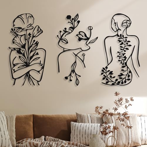 Photect 3 Pcs Metal Wall Art Decor Minimalist Abstract Woman Wall Art Metal Modern Line Drawing Decor Female Single Line Home Hanging for Bedroom Bathroom Living Room Housewarming(Plant,Black) - color: Black, style: Plant