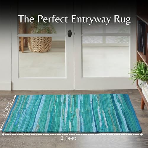 Ramanta Home Hand Woven Cotton Chindi Rag Rug 2'x3' - Teal | Recycled Reversible Rug, Boho Farmhouse - Living Room, Kitchen, Entryway- 24"x36" - color: Teal, size: 2 x 3 feet