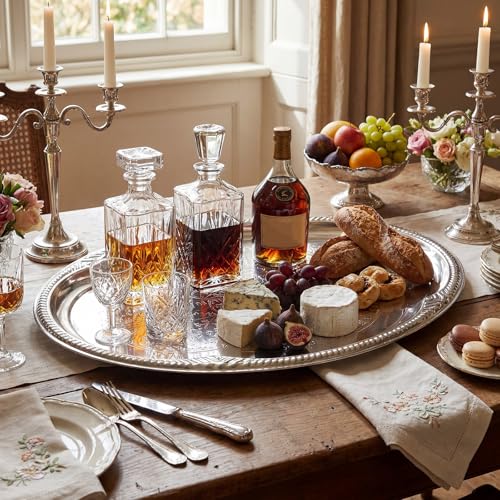 4 Pcs Large Silver Serving Tray 20.3 x 15.2 Inch Elegant Floral Metal Plate Silver Platter for Buffet Wedding Party Jewelry Decorative, Oblong