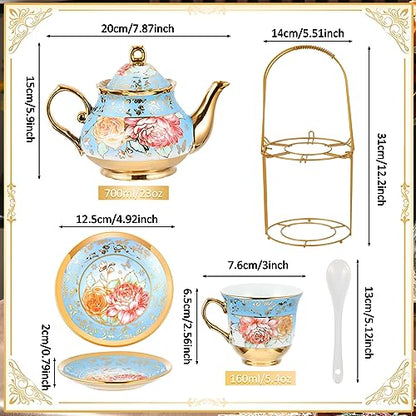 Zhehao 20 Pcs Porcelain Tea Set with Metal Holder and Spoon Adult Ceramic Tea Set European Flower Painting Teapot Cup Saucer Spoon for Women Mom Gift, Large Version (Simplicity Style) - color: Simplicity Style