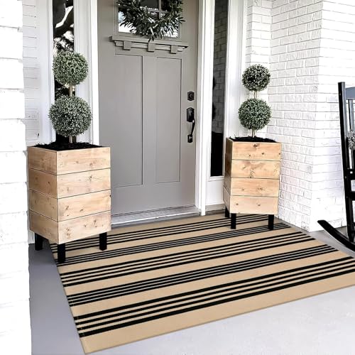 Outdoor Rug 3'x5', Black and Tan Patio Rugs Fall Door Mat Outside | Machine Washable Porch Rug Outdoor Mats Cotton Woven Entryway Rug Striped Carpet for Front Porch Decor/Deck/Camping/ Entrance - color: Tan/Black Stripe, size: 3' x 5' (Rectangular)