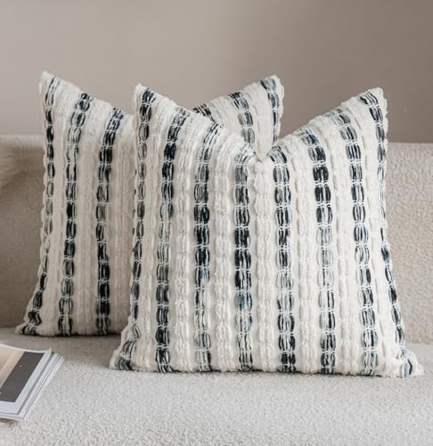 Caflife Boho Throw Pillow Covers 20x20 Inch Set of 2, Farmhouse Black Striped Textured Chenille Decorative Couch Pillow Cases, Rustic Accent Cushion Covers for Sofa Bed Living Room Bedroom - color: Black, size: 20" x 20" (Pack of 2)
