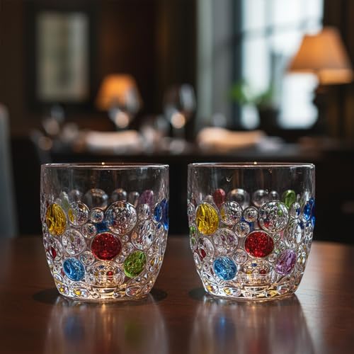 Handmade Crystal Water Glasses, So Cute, Colored Beaded, Set of 6, Bubble Design, 11oz Modern Hobnail Drinking Glasses, for Water,Whiskey, Wine, Beer,Juice,Cocktail,Coffee, Champagne, Gift