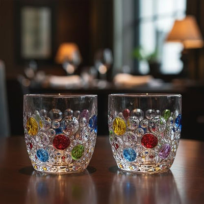 Handmade Crystal Water Glasses, So Cute, Colored Beaded, Set of 6, Bubble Design, 11oz Modern Hobnail Drinking Glasses, for Water,Whiskey, Wine, Beer,Juice,Cocktail,Coffee, Champagne, Gift