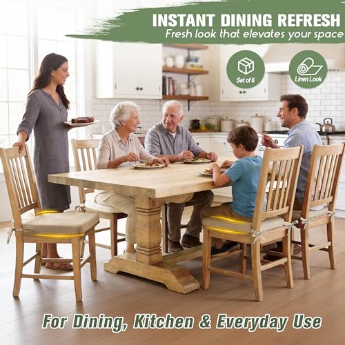 kingphenix Chair Cushions for Dining Chairs, Set of 6, 2.5 Inches Thick | High-Density Foam Kitchen Chair Cushions with Ties, Non-Slip Bottom and Removable Machine-Washable Covers, 17 x 16 in, Beige - color: Beige, size: 6 Count(Pack of 1)