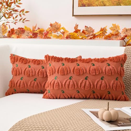 Kevin Textile Fall Pumpkins Pillow Covers 12x20 Inch Set of 2 Autumn Embroidery Decorative Lumbar Throw Cushions Soft Faux Fur Harvest Gift for Couch Sofa Chair Bedroom Halloween Decor, Rust - color: Rust Pumpkin, size: 20" x 12" (Pack of 2)