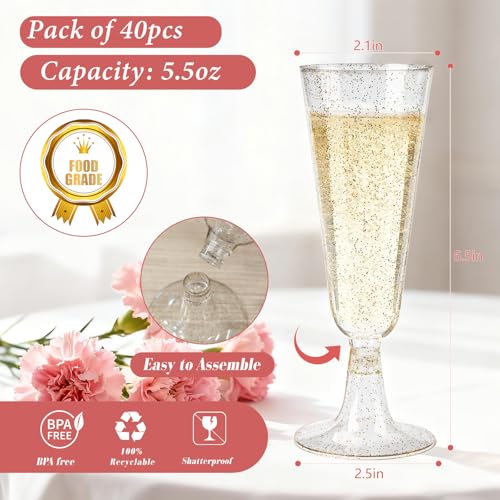 GuanQiao 40 Pack Plastic Champagne Flutes, 5.5 OZ Disposable Plastic Champagne Glasses with Gold Glitter, Wine Glasses Cups for Wedding Celebration Party Wine Tasting New Years Eve Supplies - color: Gold Glitter, size: 40-pack