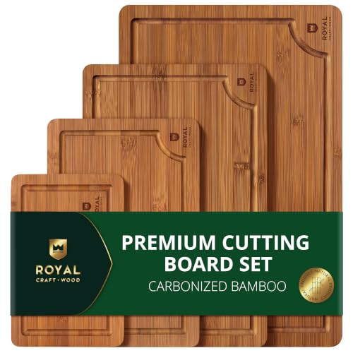 ROYAL CRAFT WOOD Wooden Cutting Boards for Kitchen Meal Prep & Serving - Bamboo Non Toxic Cutting Board Set with Deep Juice Groove Side Handles - Charcuterie & Chopping Butcher Block for Meat (4 Pcs) - color: Brown, size: 4-Piece