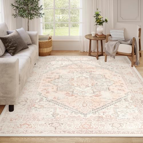 LIVEBOX Pink Area Rug 8x10 - Large Oriental Floral Living Room Rugs Accent Rug for Bedroom, Non-Slip Retro Medallion Carpet Print Distressed Rugs for Dining Room Office (Pink/Peach) - color: Medallion Pink, size: 8' x 10' (Rectangular)