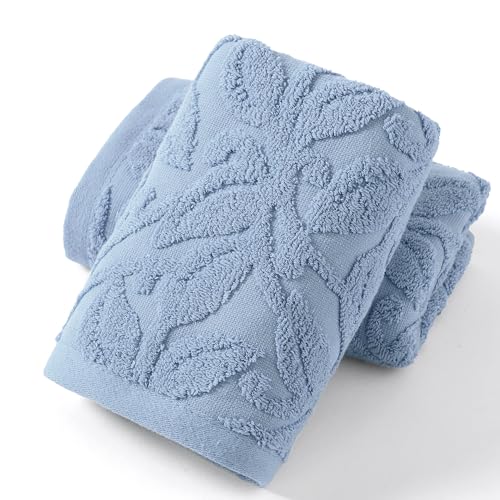 YiLUOMO Navy Blue Embossed Floral Pattern Hand Towel Set of 2 100% Cotton Super Soft Highly Absorbent Decorative Hand Towels for Bathroom Home 13x 29 Inch - color: Navy Blue