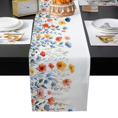 Table Runner and Placemats Set of 6 Watercolor Flower Floral Decorative Dining Table Runner with Matching Placemats Leaves Branch Table Decor for Kitchen Dining Room and Everyday Use 13x90in - size: 13"x90"+6pcs