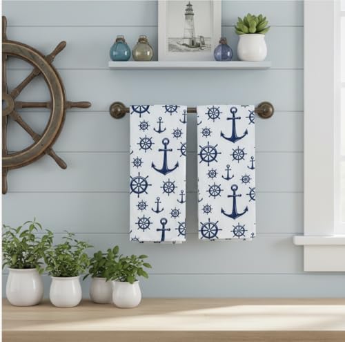 Summer Kitchen Dish Towel Set: Fun Nautical Anchor Captains Wheel Design, Set of 2 (Nautical) - color: Nautical