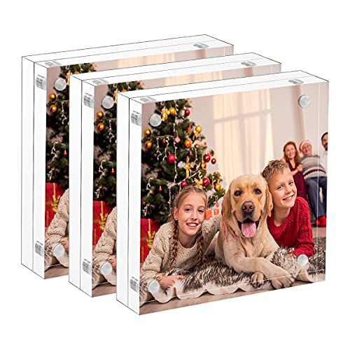 NIUBEE 5x5 Clear Acrylic Picture Frames 3 Pack, 20% Thicker Blocks Self Standing Magnetic Photo Frame, Desktop Card Display - size: 5x5"(3 Packs)